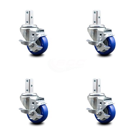 Service Caster 3 Inch Blue Poly Wheel Swivel 3/4 Inch Square Stem Caster Set with Brake SCC SCC-SQ20S314-PPUB-BLUE-TLB-34-4